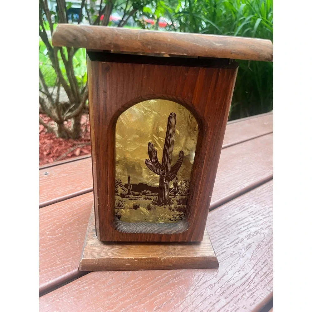 Vintage Rustic Wood Saguaro Cactus Lantern Candle Holder Desert Southwest Decor